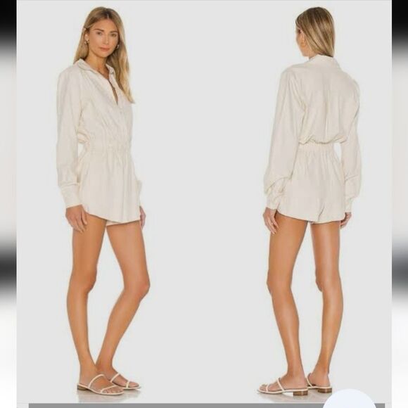 LPA Karolina Linen Blend Coverall Utility Long Sleeve Romper Oatmeal Beige Sz M - Picture 1 of 10